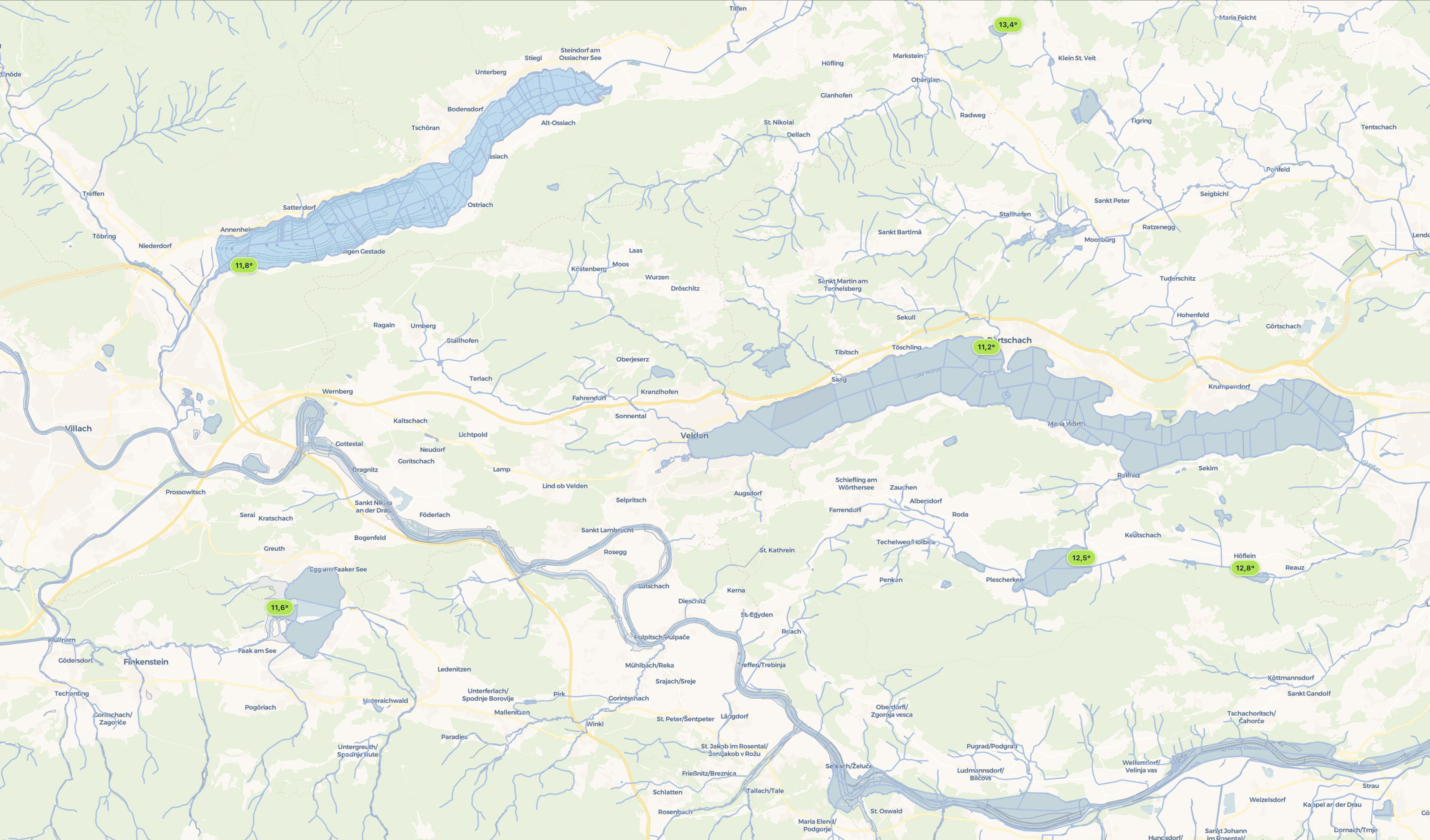 Screenshot der interaktiven Fischereikarte Kärnten mit Reviergrenzen
